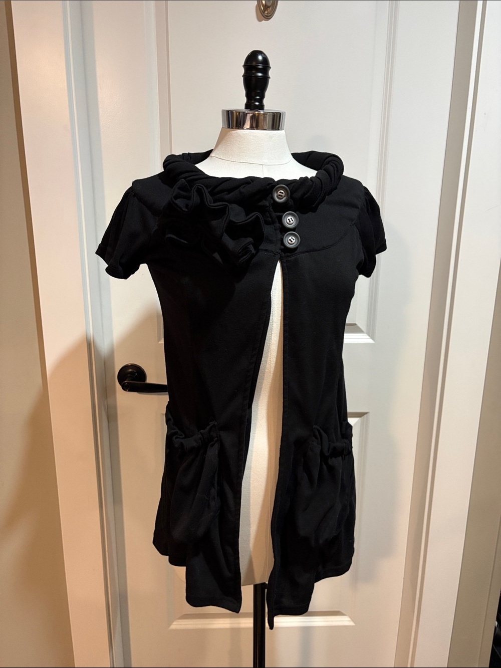Pink Martini Black Short Sleeve Ruffle Collar Cardigan/Vest
